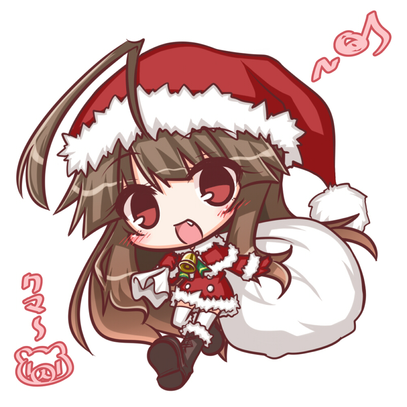 1girl :d ahoge bangs blush boots brown_footwear brown_hair commentary_request cross-laced_footwear dress eyebrows_visible_through_hair fang full_body fur-trimmed_boots fur-trimmed_capelet fur-trimmed_dress fur-trimmed_hat fur_trim gloves hat head_tilt holding holding_sack kantai_collection knee_boots komakoma_(magicaltale) kuma_(kantai_collection) lace-up_boots looking_at_viewer musical_note open_mouth quaver red_capelet red_dress red_eyes red_gloves red_hat sack santa_costume santa_gloves santa_hat simple_background smile solo thigh-highs translation_request white_background white_legwear