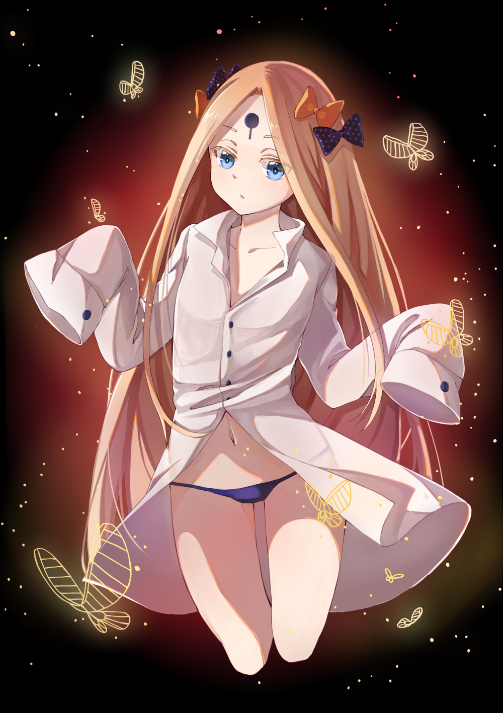 1girl abigail_williams_(fate/grand_order) black_background blonde_hair blue_eyes blush bow butterfly chio_kitsune collarbone cropped_legs fate/grand_order fate_(series) hair_bow head_tilt highres long_hair long_sleeves looking_at_viewer lowleg lowleg_panties navel open_clothes open_shirt orange_bow oversized_clothes panties parted_lips polka_dot polka_dot_bow purple_bow purple_panties shirt sleeves_past_wrists solo underwear very_long_hair white_shirt
