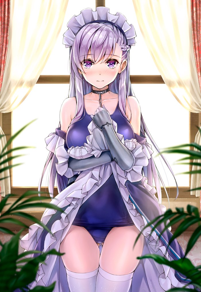 1girl arm_guards azur_lane backlighting bangs bare_shoulders belfast_(azur_lane) black_dress blue_swimsuit blurry blush braid breasts chains collar collarbone curtains depth_of_field dress dress_lift eyebrows_visible_through_hair french_braid frilled_dress frills gloves gluteal_fold hand_on_own_chest indoors kotatsu_(kotatsu358) large_breasts lifted_by_self long_hair long_sleeves looking_at_viewer maid_headdress off_shoulder one-piece_swimsuit school_swimsuit shiny shiny_hair silver_hair skindentation solo standing swimsuit swimsuit_under_clothes thigh-highs thigh_gap violet_eyes white_gloves white_legwear window