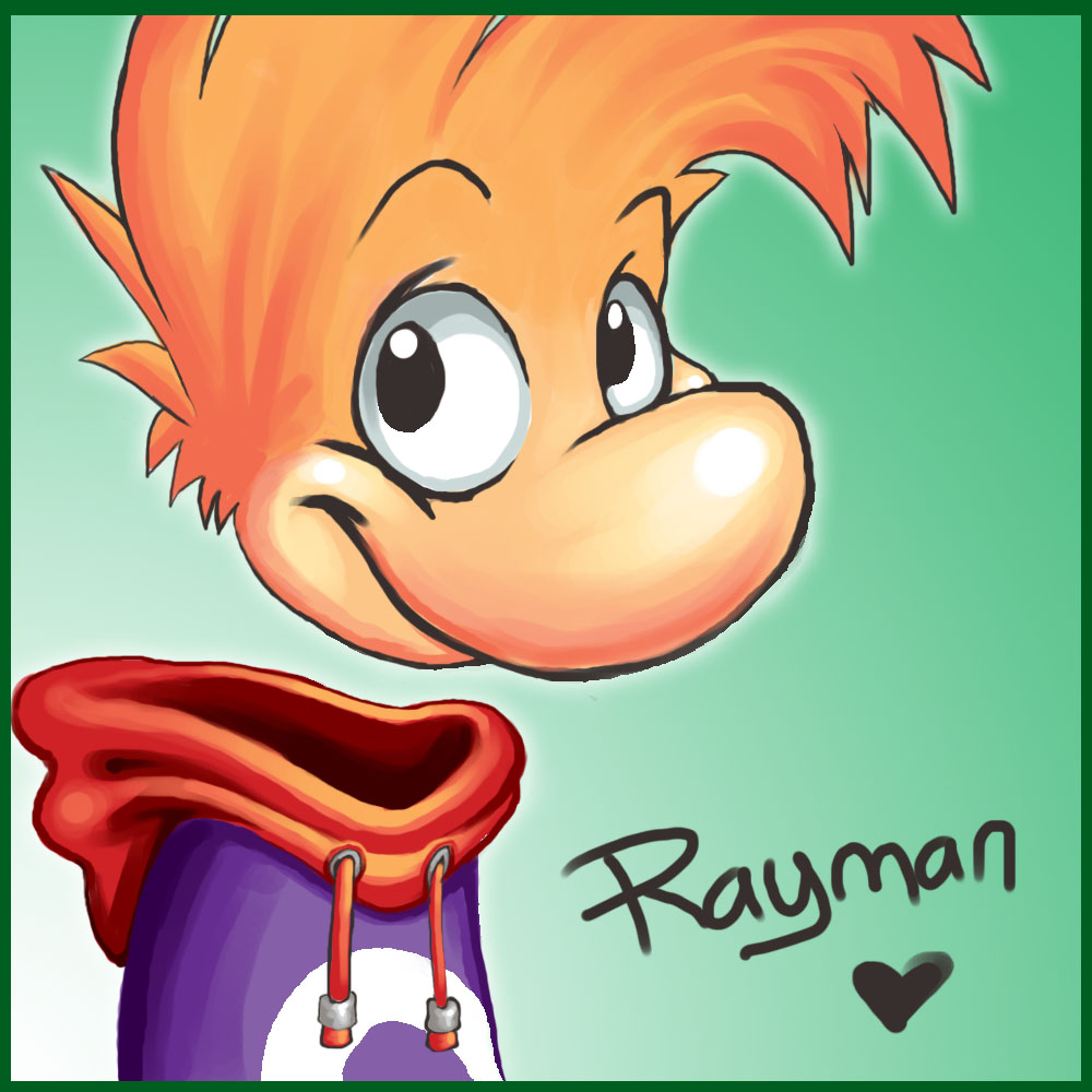 1boy atomicray character_name deviantart green_background heart jacket looking_at_viewer rayman rayman_(character) scarf smile solo ubisoft
