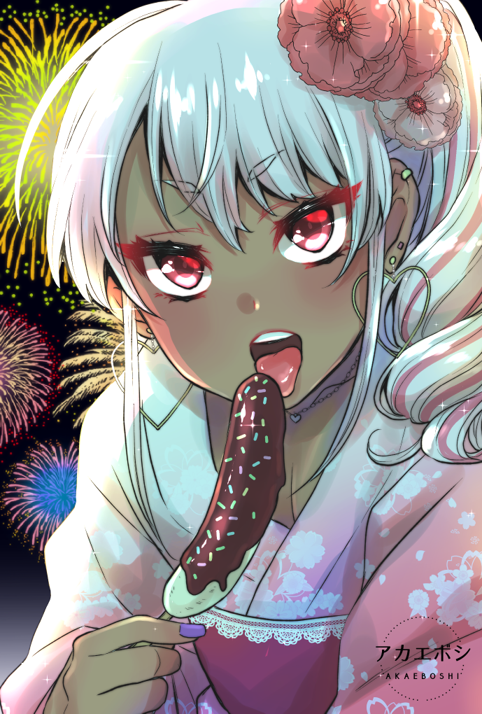 1boy binbinsuke chocolate_banana crossdressinging earrings fireworks flower gyaru hair_flower hair_ornament heart heart_earrings japanese_clothes jewelry kimono kogal looking_at_viewer original pink_hair red_eyes saaya-chan sexually_suggestive trap