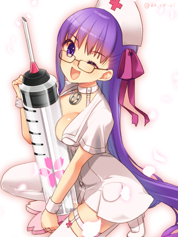 1girl ;d alternate_costume bangs bb_(fate/extra_ccc) between_breasts black-framed_eyewear blush breasts eyebrows_visible_through_hair fate/extra fate/extra_ccc fate_(series) glasses hair_ribbon hat holding jewelry koruri long_hair looking_at_viewer medium_breasts nurse nurse_cap one_eye_closed one_knee open_mouth oversized_object pendant petals pink_ribbon purple_hair ribbon ring short_sleeves smile solo straight_hair syringe tareme thigh-highs thigh_strap twitter_username very_long_hair violet_eyes white_choker white_legwear wrist_cuffs