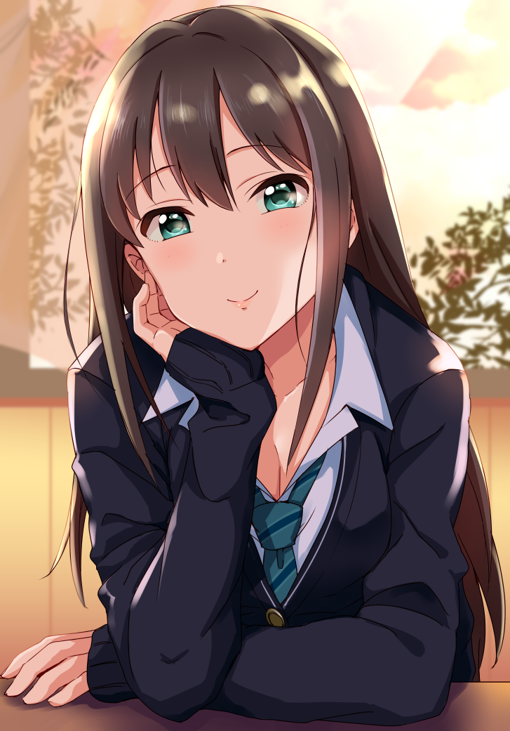 1girl arm_support bangs blush breasts brown_hair cardigan cleavage eyebrows_visible_through_hair green_eyes idolmaster idolmaster_cinderella_girls keikesu long_hair looking_at_viewer necktie shibuya_rin solo