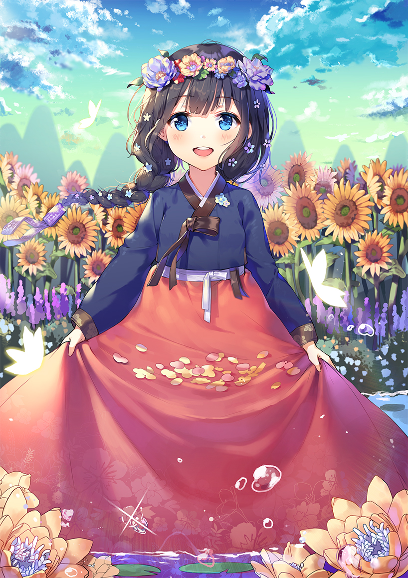 1girl :d bangs black_hair blue_eyes blue_sky blush braid clouds cloudy_sky commentary_request day eyebrows_visible_through_hair field flower flower_field flower_wreath hair_ornament hanbok head_wings korean_clothes long_hair looking_at_viewer mountain open_mouth original outdoors petals shoonear skirt_basket sky smile solo sunflower upper_teeth very_long_hair wading water water_drop