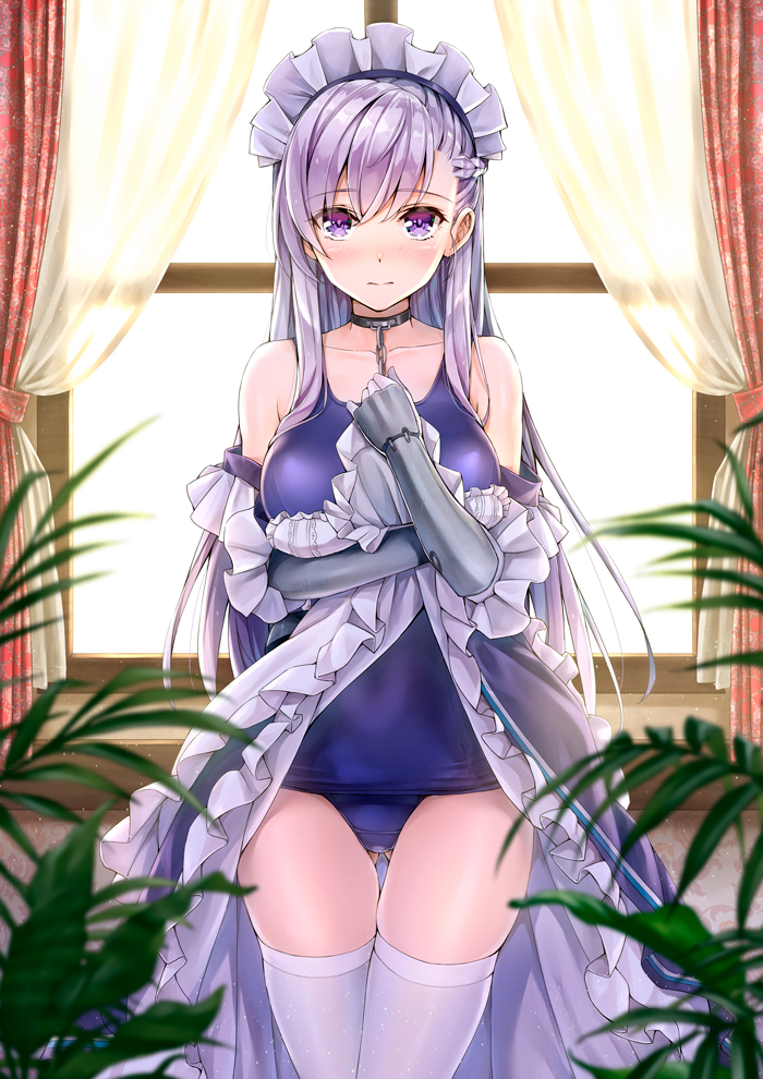1girl arm_guards azur_lane backlighting bangs bare_shoulders belfast_(azur_lane) black_dress blue_swimsuit blurry blush braid breasts chains collar collarbone curtains depth_of_field dress dress_lift eyebrows_visible_through_hair french_braid frilled_dress frills gloves gluteal_fold hand_on_own_chest indoors kotatsu_(kotatsu358) large_breasts lifted_by_self light_frown long_hair long_sleeves looking_at_viewer maid_headdress nose_blush off_shoulder one-piece_swimsuit school_swimsuit shiny shiny_hair silver_hair skindentation solo standing swimsuit swimsuit_under_clothes thigh-highs thigh_gap violet_eyes white_gloves white_legwear window