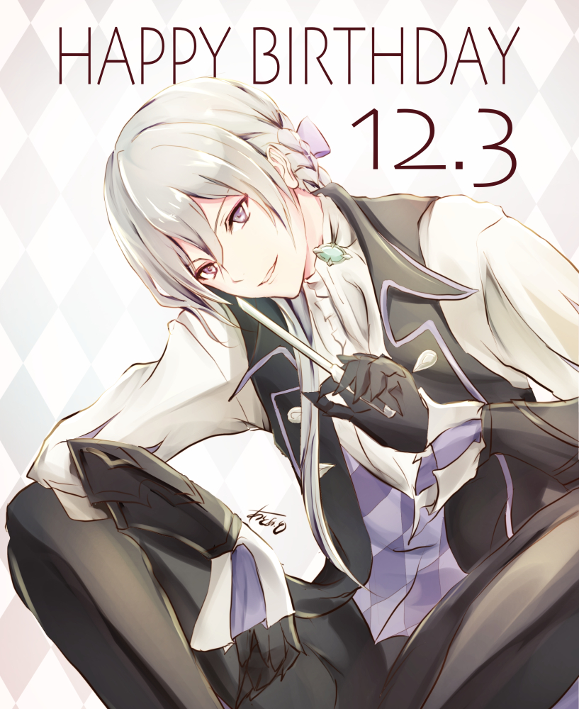 1boy artist_name atoatto bow butler fire_emblem fire_emblem_if gloves grey_hair happy_birthday joker_(fire_emblem_if) knife long_hair low_ponytail male_focus sitting solo teeth violet_eyes