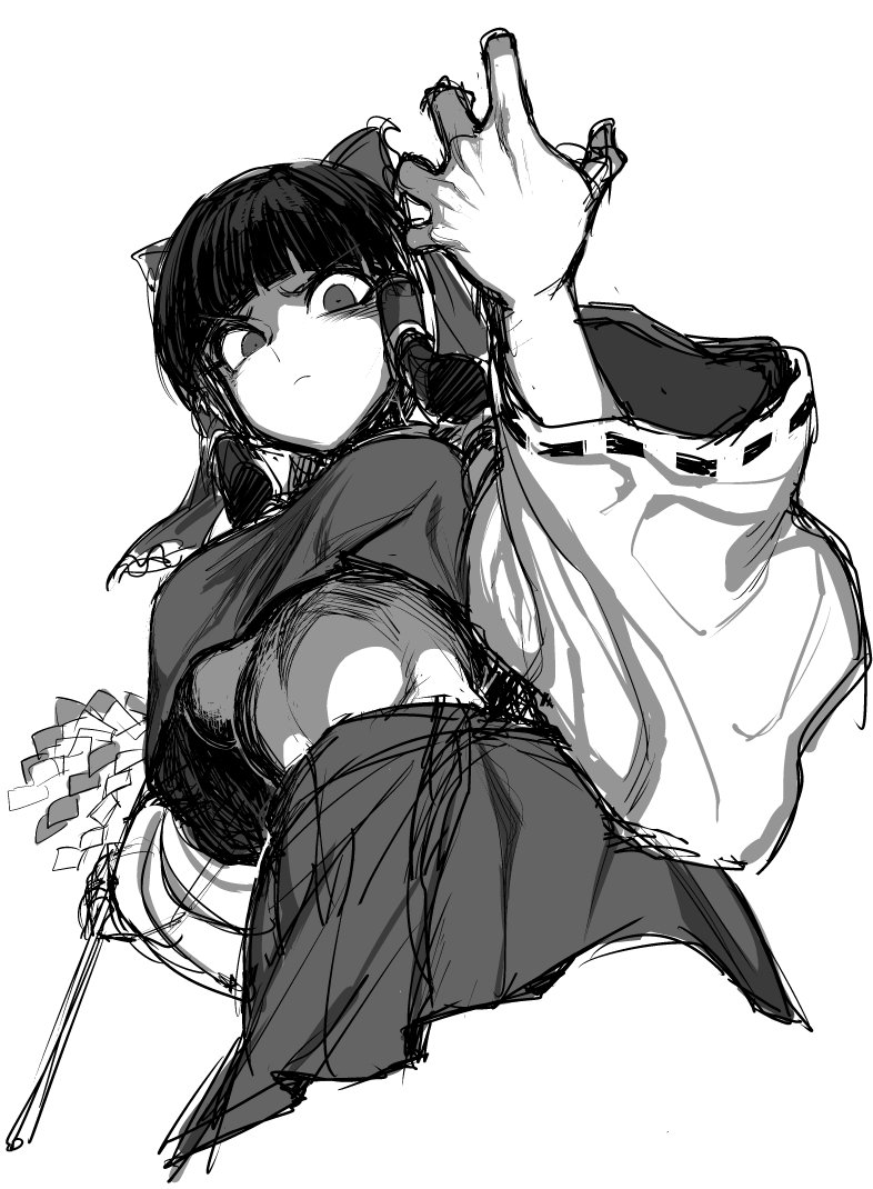 1girl bangs blunt_bangs bow breasts constricted_pupils from_below gohei greyscale hair_bow hair_tubes hakurei_reimu japanese_clothes long_hair looking_at_viewer medium_breasts miko monochrome no_bra sketch skirt solo space_jin under_boob wide_sleeves you_gonna_get_raped