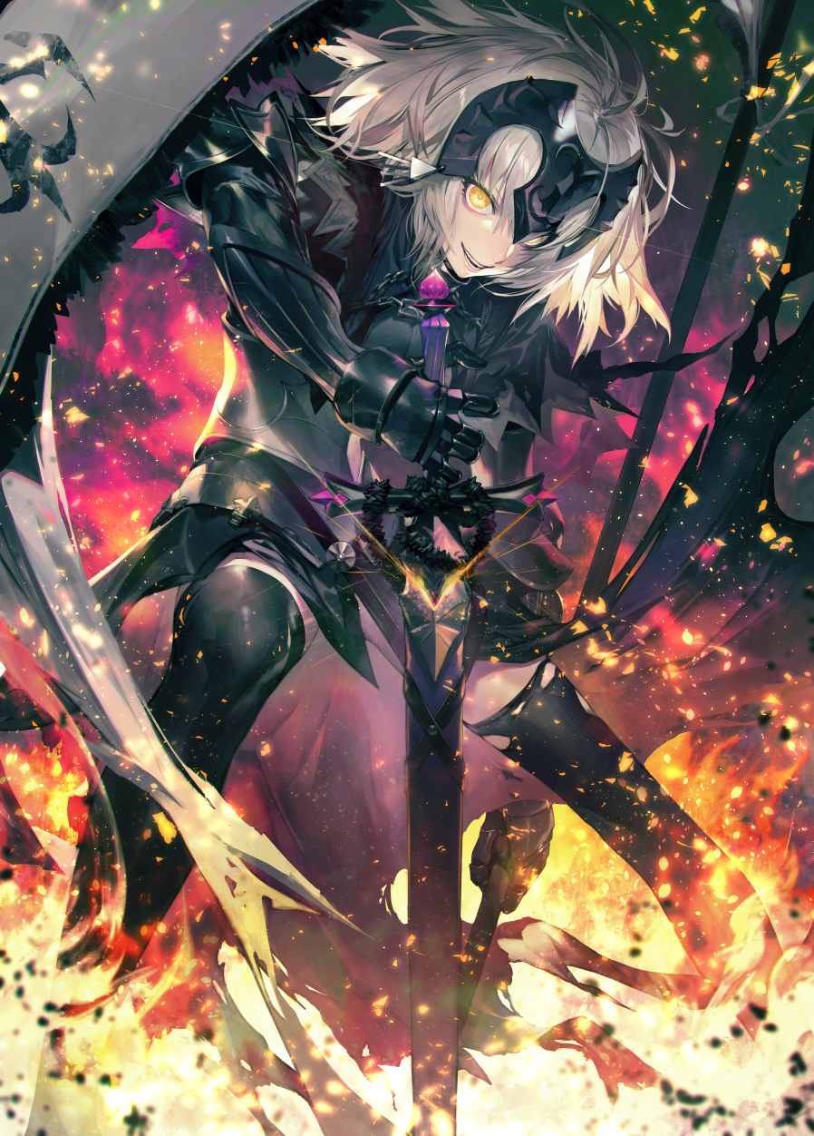 1girl black_legwear blurry chains commentary_request depth_of_field fate/grand_order fate_(series) fire gauntlets grey_hair headpiece highres jeanne_d'arc_(alter)_(fate) jeanne_d'arc_(fate)_(all) kodama_(wa-ka-me) legs_apart looking_at_viewer parted_lips planted_sword planted_weapon short_hair smile solo standard_bearer standing sword teeth thigh-highs tsurime weapon yellow_eyes