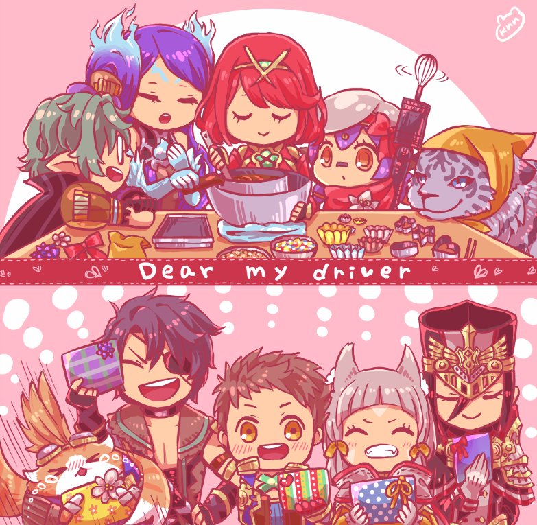 2boys 6+girls android animal animal_ears artist_request bangs blunt_bangs bodysuit byakko_(xenoblade) cat_ears chibi chocolate closed_eyes cooking eyepatch fingerless_gloves fire gloves hana_(xenoblade) hat kagutsuchi_(xenoblade) long_hair meleph_(xenoblade) military_hat niyah nopon pauldrons pyra_(xenoblade) redhead reverse_trap rex_(xenoblade_2) saika_(xenoblade) short_hair sieg_b_goku_genbu silver_hair smile tiara tiger tora_(xenoblade) tribal xenoblade xenoblade_2 yellow_bodysuit yellow_eyes