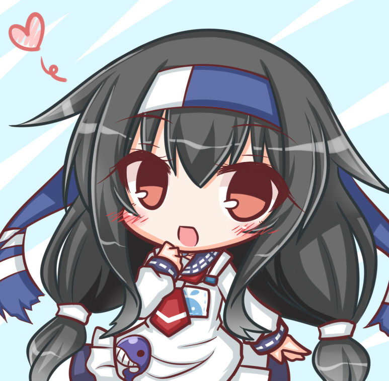 1girl :d alternate_hairstyle apron bangs black_hair blue_skirt blush brown_eyes cosplay eyebrows_visible_through_hair hair_between_eyes hair_flaps hand_to_own_mouth hatsushimo_(kantai_collection) headband heart kantai_collection komakoma_(magicaltale) long_hair long_sleeves looking_at_viewer low-tied_long_hair low_twintails necktie open_mouth red_neckwear school_uniform serafuku shirt skirt smile solo taigei_(kantai_collection) taigei_(kantai_collection)_(cosplay) twintails very_long_hair white_apron white_shirt