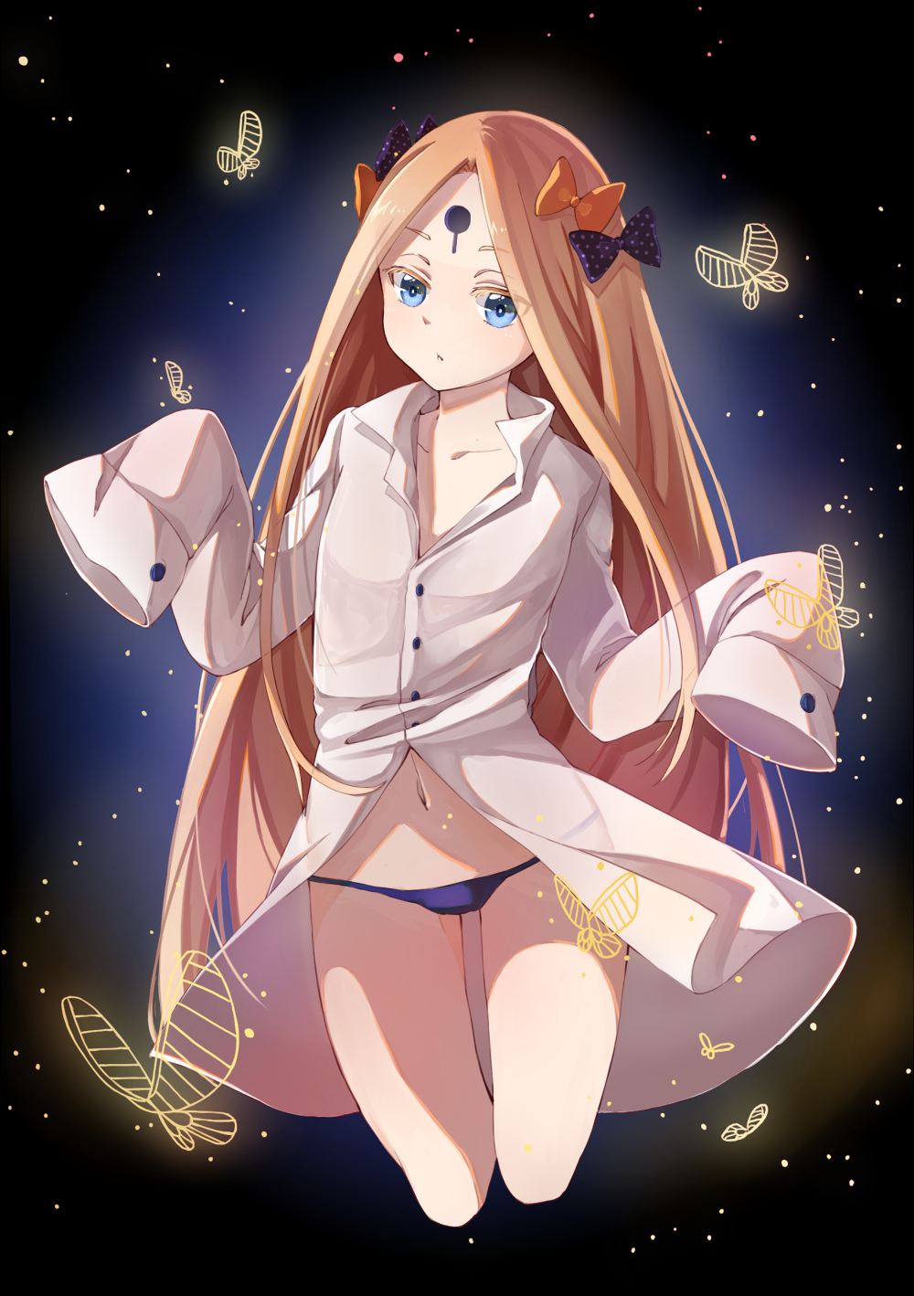 1girl abigail_williams_(fate/grand_order) black_background blonde_hair blue_eyes blush bow butterfly chio_kitsune collarbone commentary_request cropped_legs fate/grand_order fate_(series) hair_bow head_tilt highres long_hair long_sleeves looking_at_viewer lowleg lowleg_panties navel open_clothes open_shirt orange_bow oversized_clothes panties parted_lips polka_dot polka_dot_bow purple_bow purple_panties shirt sleeves_past_wrists solo underwear very_long_hair white_shirt