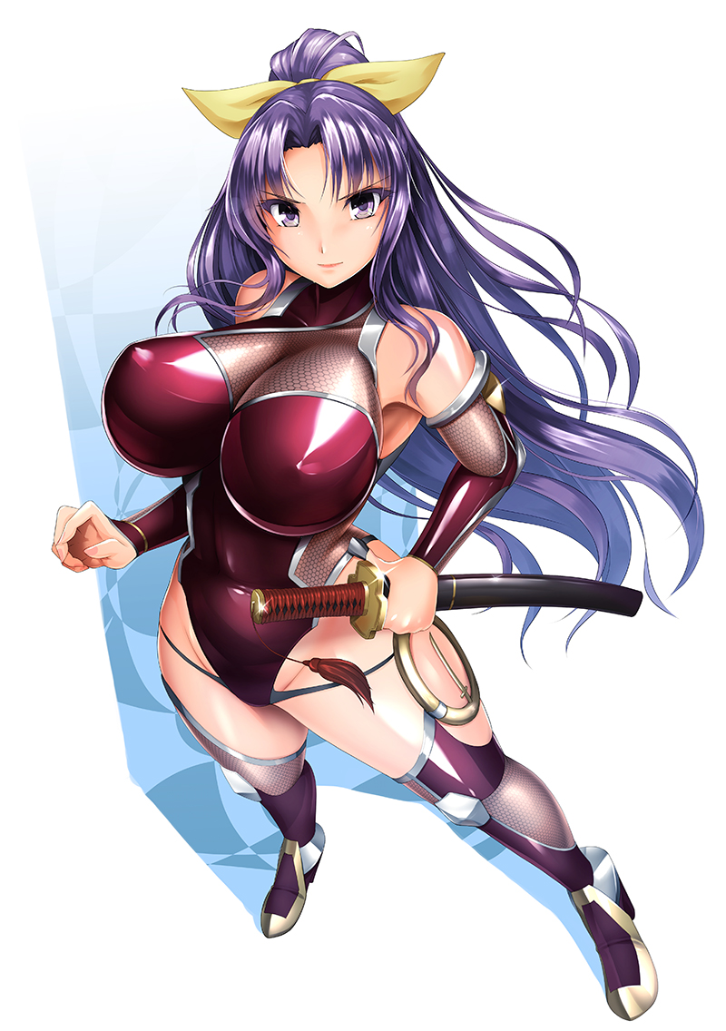 1girl 8000 alternate_costume bare_shoulders bow breasts covered_navel elbow_gloves erect_nipples fishnets full_body gloves hair_bow holding holding_sword holding_weapon huge_breasts katana leotard long_hair looking_at_viewer ponytail purple_hair red_gloves sheath sheathed solo standing sword taimanin_(series) taimanin_asagi taimanin_suit thigh-highs touhou violet_eyes watatsuki_no_yorihime weapon yellow_bow