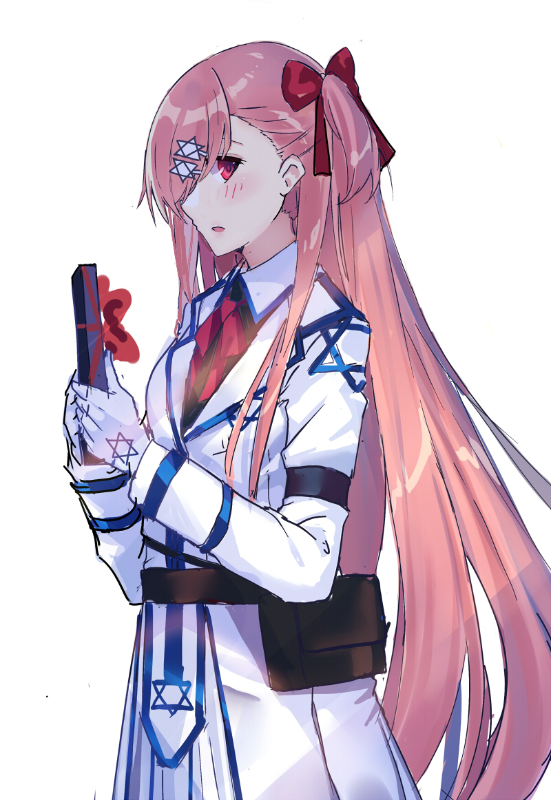 1girl asymmetrical_hair bangs black_legwear blush bow braid breasts collared_jacket echj from_side gift girls_frontline gloves hair_between_eyes hair_bow hair_ornament hair_ribbon hairclip hexagram holding holding_gift israel long_hair looking_at_viewer negev_(girls_frontline) one_side_up open_mouth pantyhose pink_hair red_bow red_eyes ribbon simple_background skirt smile solo star_of_david very_long_hair white_gloves white_skirt