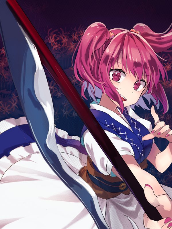 1girl akidzuki_haruhi bangs coin from_side hair_bobbles hair_ornament holding looking_at_viewer nail_polish obi onozuka_komachi open_mouth pink_eyes pink_hair sash scythe short_sleeves solo touhou twintails