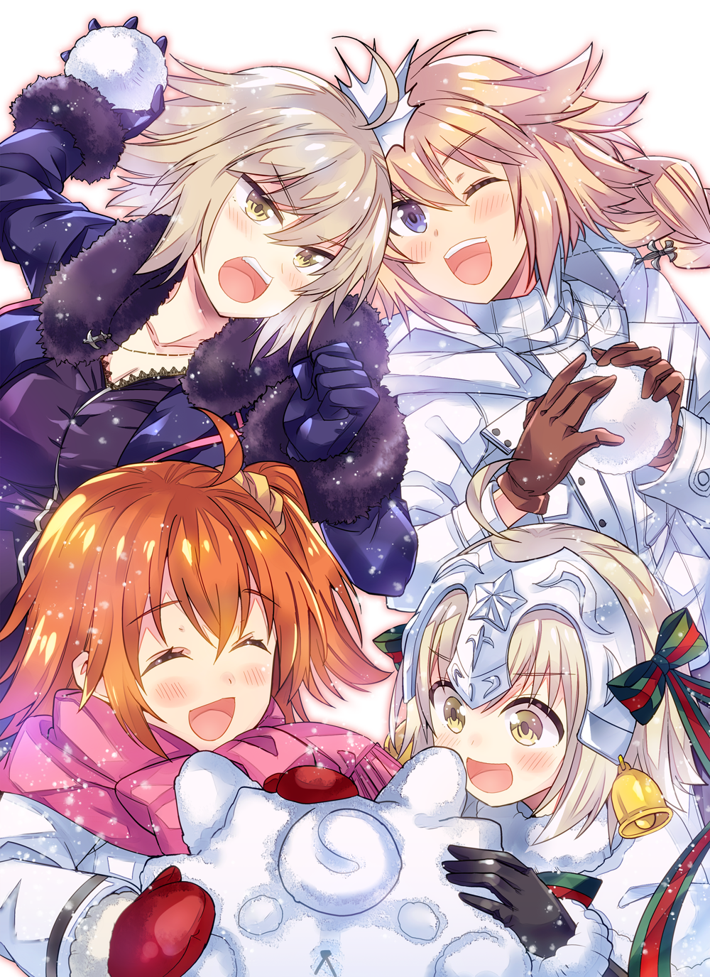 4girls :d ;d ^_^ ahoge bangs bell black_gloves black_shirt blonde_hair blush bow braid brown_gloves closed_eyes collarbone commentary_request elbow_gloves eyebrows_visible_through_hair fate/grand_order fate_(series) fou_(fate/grand_order) fujimaru_ritsuka_(female) fur-trimmed_capelet fur-trimmed_sleeves fur_collar fur_trim gloves green_bow hair_between_eyes hair_bow hair_ornament hair_scrunchie headpiece highres jacket jeanne_d'arc_(alter)_(fate) jeanne_d'arc_(fate) jeanne_d'arc_(fate)_(all) jeanne_d'arc_alter_santa_lily jewelry light_brown_hair long_hair long_sleeves mittens multiple_girls necklace one_eye_closed one_side_up open_mouth orange_hair pink_scarf purple_coat red_mittens ribbon scarf scrunchie shirt single_braid smile snow_sculpture snowball snowball_fight snowing striped striped_bow striped_ribbon takitarou v-shaped_eyebrows white_background white_capelet white_coat white_jacket yellow_eyes yellow_scrunchie