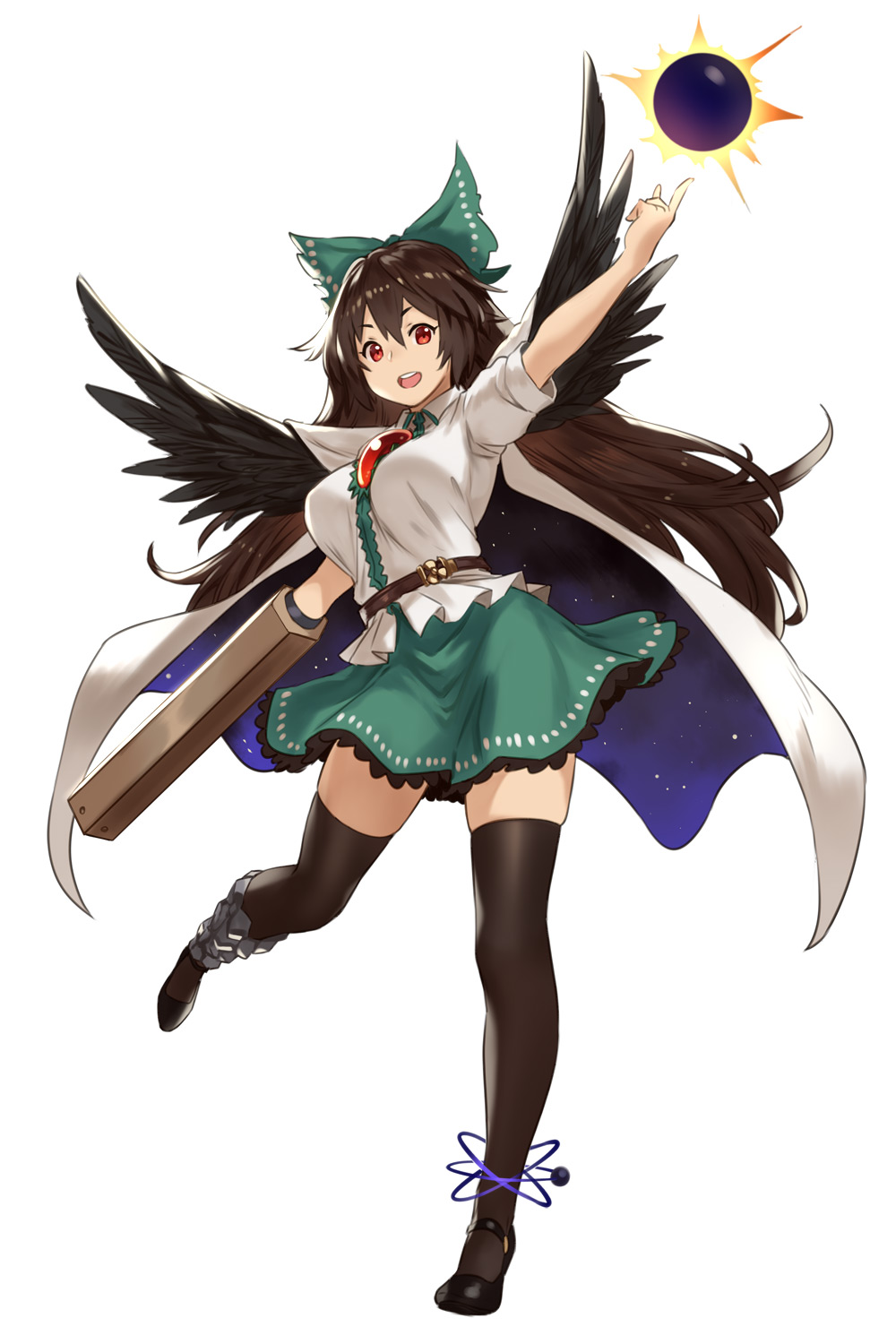 1girl arm_cannon arm_up belt between_breasts black_footwear black_legwear black_wings blouse bow breasts cape commentary_request feathered_wings full_body green_bow green_skirt hair_between_eyes hair_bow highres houtengeki index_finger_raised large_breasts long_hair looking_at_viewer miniskirt red_eyes reiuji_utsuho shoes simple_background skindentation skirt smile solo thigh-highs third_eye touhou very_long_hair weapon white_background white_blouse wings zettai_ryouiki