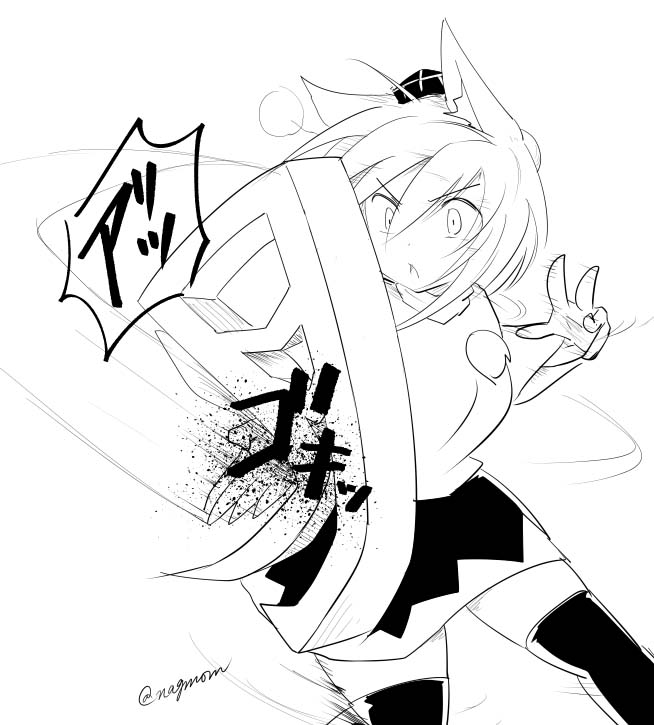 &gt;:o 1girl animal_ears black_legwear black_skirt blood constricted_pupils eyebrows_visible_through_hair frown greyscale hat inubashiri_momiji monochrome motion_lines open_mouth pom_pom_(clothes) skirt taurine_8000mg thigh-highs tokin_hat touhou translation_request twitter_username wide_sleeves wolf_ears zettai_ryouiki