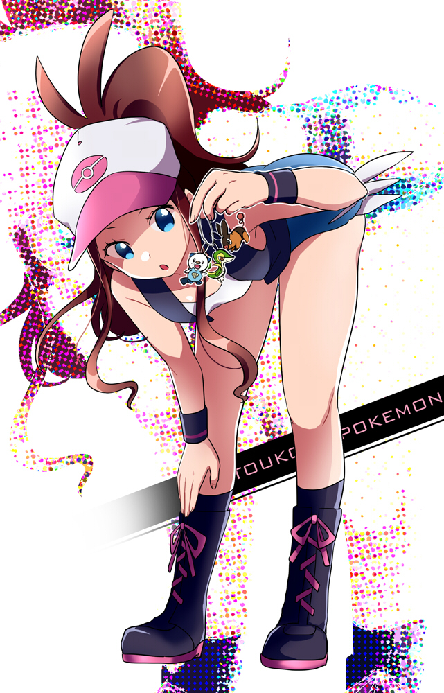 1girl :o baseball_cap bent_over blue_eyes boots breasts brown_hair denim denim_shorts full_body hat keychain mimo_(amimo0805) oshawott pokemon pokemon_(game) pokemon_bw ponytail shorts smile snivy tank_top tepig touko_(pokemon) vest wristband