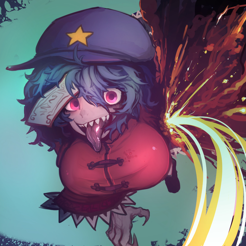 1girl aqua_background black_footwear blood blue_hair blue_hat breasts claws hair_between_eyes hat large_breasts looking_at_viewer miyako_yoshika ofuda open_mouth pigeoncrow pink_eyes saliva sharp_teeth shoes smile solo star teeth tongue tongue_out touhou