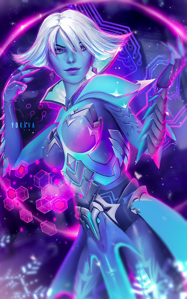 1girl abstract_background alternate_costume artist_name blue_eyes blue_gloves blue_sclera blue_skin breasts closed_mouth cowboy_shot earrings fingernails gloves hologram jewelry lips long_fingernails looking_at_viewer medium_breasts nose overwatch purple_lips rime_sombra sharp_fingernails short_hair signature slit_pupils smile snowflakes solo sombra_(overwatch) white_hair winter yokava