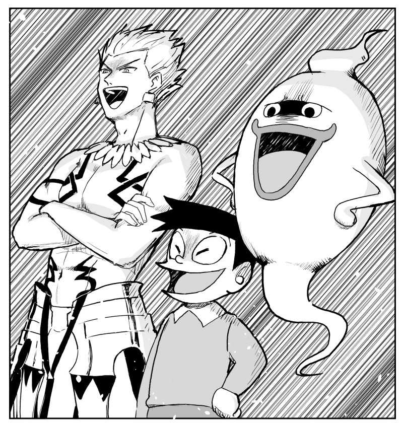 2boys armor artist_request breast_tattoo collar commentary crossed_arms doraemon earrings fate/stay_night fate_(series) frown ghost gilgamesh greyscale hand_on_hip honekawa_suneo jewelry laughing long_sleeves looking_down monochrome motion_lines multiple_boys necklace open_mouth smile tattoo teeth topless v-shaped_eyebrows whisper_(youkai_watch) youkai youkai_watch
