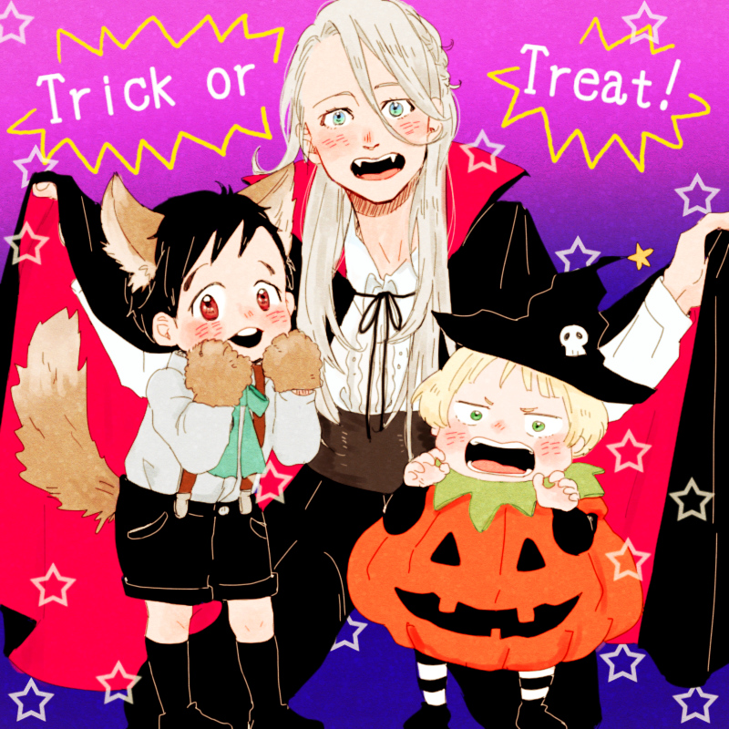 3boys animal_ears black_hair black_legwear blonde_hair blue_eyes brown_eyes cape child fangs gloves green_eyes halloween hat katsuki_yuuri kneehighs kneeling male_focus multiple_boys open_mouth paw_gloves paws pumpkin_costume shorts silver_hair smile star suspenders tail teenage trick_or_treat ure_p viktor_nikiforov witch_hat wolf_ears wolf_paws wolf_tail younger yuri!!!_on_ice yuri_plisetsky