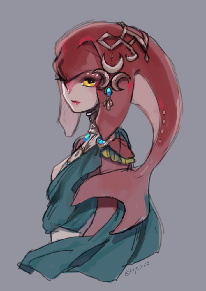 1girl fins fish_girl hair_ornament jewelry long_hair looking_at_viewer mipha monster_girl multicolored multicolored_skin no_eyebrows red_skin redhead smile solo the_legend_of_zelda the_legend_of_zelda:_breath_of_the_wild yellow_eyes zora