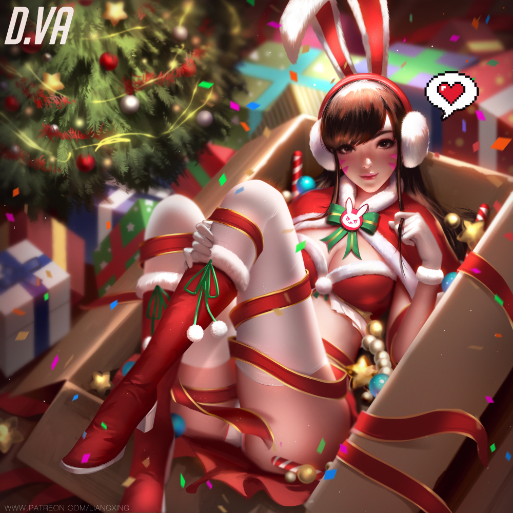 1girl animal_ears bikini_top boots box capelet christmas christmas_tree d.va_(overwatch) earmuffs fur_trim gift gift_box gloves in_box in_container liang_xing looking_at_viewer lying on_back overwatch rabbit_ears santa_costume solo thigh-highs