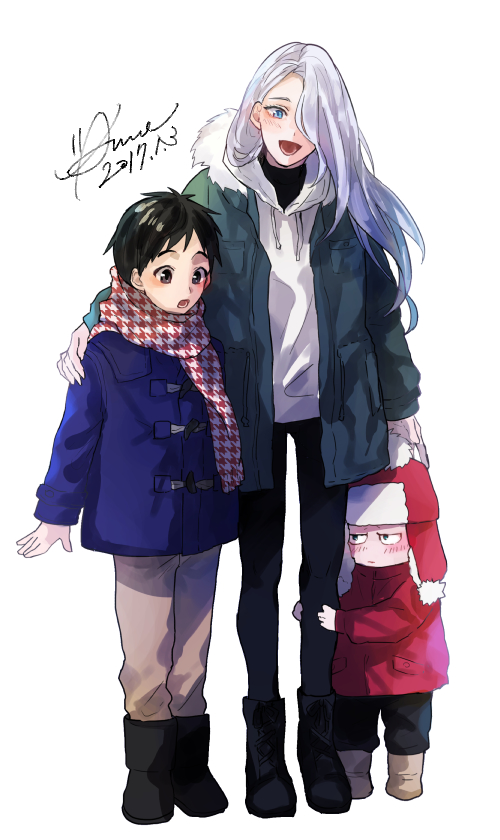 2017 3boys anne_(annene) black_hair blue_eyes boots brown_eyes child coat dated green_eyes hair_over_one_eye hat hood hoodie katsuki_yuuri long_hair male_focus multiple_boys scarf silver_hair teenage viktor_nikiforov younger yuri!!!_on_ice yuri_plisetsky