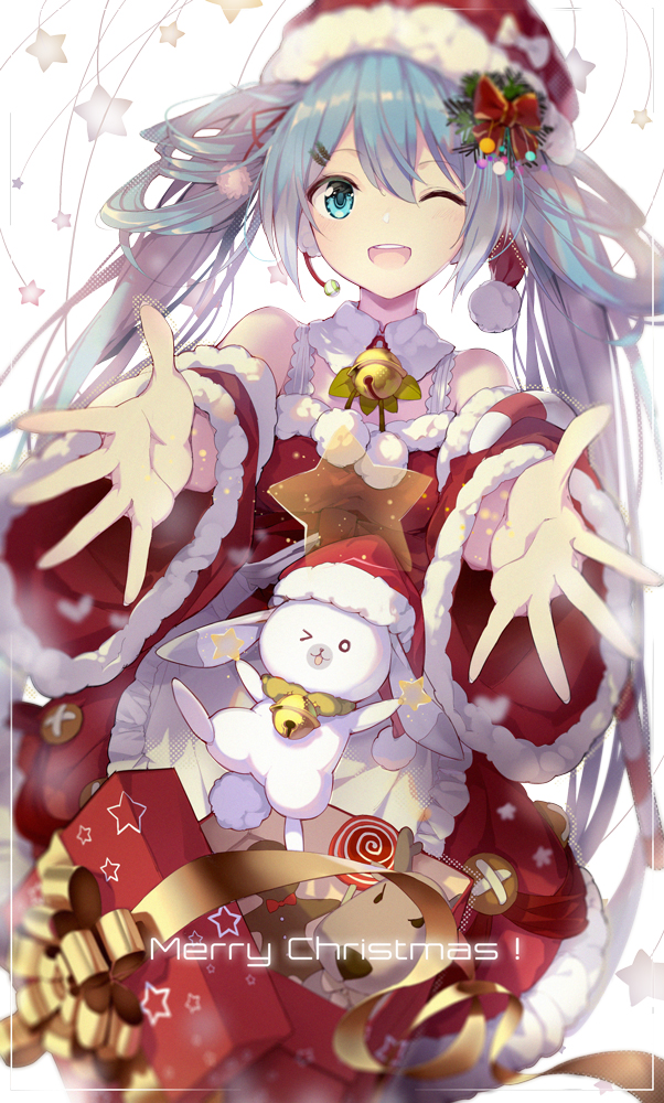1girl aqua_eyes aqua_hair bell christmas detached_sleeves earmuffs gift hat hatsune_miku jingle_bell lf long_hair merry_christmas one_eye_closed open_mouth outstretched_arms rabbit santa_costume santa_hat star twintails very_long_hair vocaloid white_background yukine_(vocaloid)