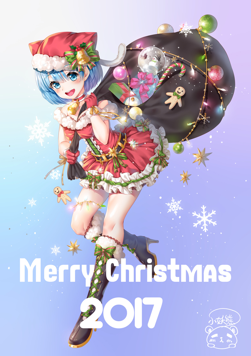 1girl 2017 :d animal_hat bell bell_choker between_breasts black_footwear blue_eyes blue_hair blush boots box breasts candy candy_cane cat_hat center_frills choker christmas christmas_ornaments dress english eyebrows_visible_through_hair food full_body gift gift_box gingerbread_man gloves hair_between_eyes hair_ribbon hat high_heels holding holly knee_boots leg_up looking_at_viewer medium_breasts merry_christmas number open_mouth re:zero_kara_hajimeru_isekai_seikatsu red_dress red_gloves rem_(re:zero) ribbon sack santa_costume smile snow snow_globe snowflakes snowing solo standing standing_on_one_leg striped striped_ribbon xiao_yao_xiong_(xy450425885)