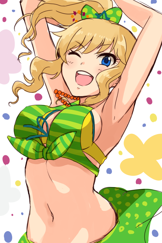 1girl ;d arched_back armpits arms_up bangs bikini_top blonde_hair blue_eyes blush bouncing_breasts bow breasts front-tie_bikini front-tie_top green_bikini_top green_bow green_eyes green_ribbon green_skirt hair_bow idolmaster idolmaster_cinderella_girls jewelry keikesu long_hair looking_at_viewer medium_breasts multicolored multicolored_background navel necklace one_eye_closed ootsuki_yui open_mouth pearl_necklace polka_dot polka_dot_bow ponytail ribbon round_teeth sidelocks sketch skirt smile solo stomach striped striped_bikini_top teeth upper_body v-shaped_eyebrows wavy_hair