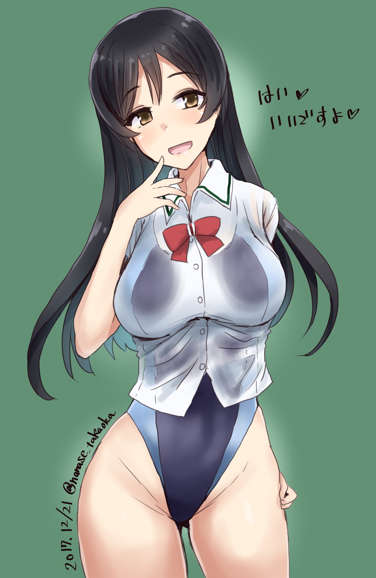 1girl black_hair breasts brown_eyes chikuma_(kantai_collection) competition_swimsuit cowboy_shot dated gluteal_fold green_background highleg highleg_swimsuit highres kantai_collection large_breasts long_hair one-piece_swimsuit open_mouth red_neckwear see-through simple_background smile solo standing swimsuit swimsuit_under_clothes takaoka_nanase translation_request twitter_username
