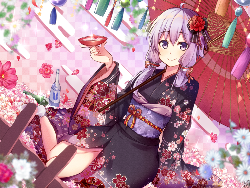 1girl ahoge alcohol arm_up bangs black_bow black_kimono bottle bow closed_mouth commentary_request cup egasumi eyebrows_visible_through_hair floral_print flower glass_bottle hair_between_eyes hair_bow hair_flower hair_ornament hair_over_shoulder holding japanese_clothes kimono long_sleeves looking_at_viewer low_twintails obi omuretsu oriental_umbrella petals pink_flower print_kimono purple_hair sakazuki sake sash sitting smile socks solo twintails umbrella violet_eyes vocaloid voiceroid white_legwear wide_sleeves yuzuki_yukari