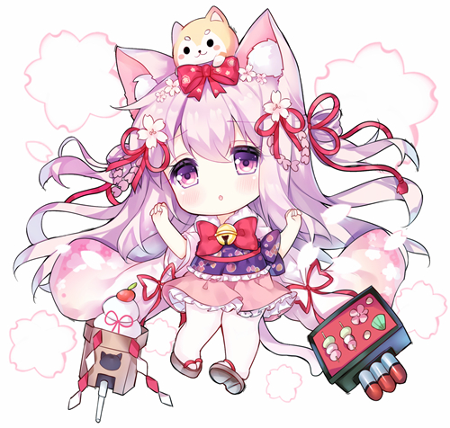 1girl :o animal animal_ears animal_on_head azur_lane bell bow bowtie brown_footwear cat_ears cat_girl cat_tail chinese_clothes commentary_request dango floral_print flower food hair_flower hair_ornament hair_ribbon hands_up japanese_clothes jingle_bell kagami_mochi kimono kisaragi_(azur_lane) long_hair long_sleeves looking_at_viewer lowres on_head pantyhose parted_lips pink_hair pink_kimono pink_skirt print_kimono red_neckwear red_ribbon ribbon sanshoku_dango short_kimono skirt solo tabi tail tengxiang_lingnai very_long_hair violet_eyes wagashi white_background white_legwear wide_sleeves zouri