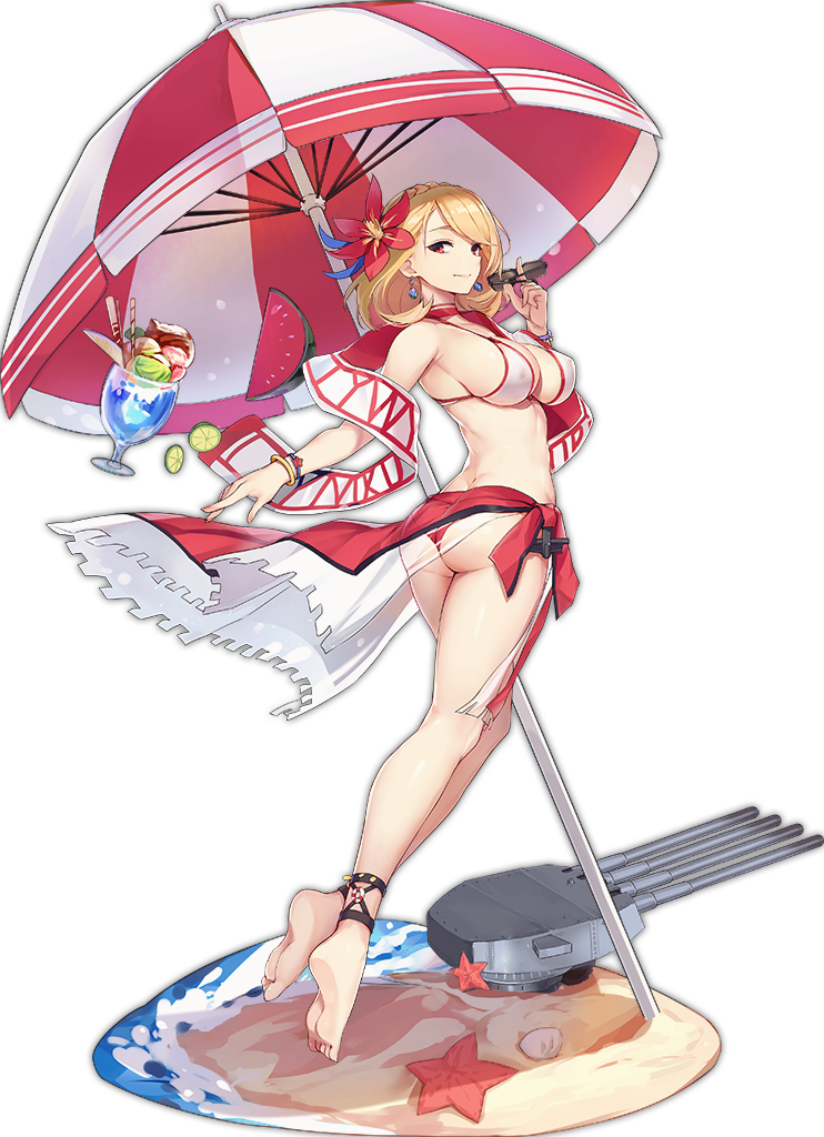 1girl ankleband ass azur_lane bangs bare_shoulders barefoot beach beach_umbrella bikini blonde_hair bracelet braid breasts choker closed_mouth earrings enka_(bcat) erect_nipples eyebrows feet flower food french_braid fruit full_body hair_flower hair_ornament holding_eyewear jewelry kneepits large_breasts lifebuoy lime midriff multicolored multicolored_bikini multicolored_clothes official_art palms parfait planted_umbrella prince_of_wales_(azur_lane) red_choker red_eyes sand sarong sea_star shawl short_hair sideboob simple_background single_braid smile soles solo star sunglasses swept_bangs swimsuit transparent_background tsurime turret umbrella water watermelon