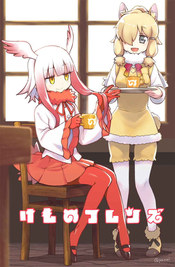 2girls :d alpaca_ears alpaca_suri_(kemono_friends) alpaca_tail bangs bird_tail blonde_hair blunt_bangs breasts chair commentary_request copyright_name cup fur-trimmed_boots fur-trimmed_shirt fur_collar fur_trim gloves gradient_hair grey_eyes hair_over_one_eye head_wings holding holding_cup holding_tray horizontal_pupils indoors japanese_crested_ibis_(kemono_friends) japari_symbol kemono_friends long_sleeves looking_at_another medium_breasts multicolored_hair multiple_girls open_mouth pantyhose red_gloves red_legwear red_skirt redhead shoes short_hair_with_long_locks sidelocks sitting skirt smile teacup tray white_hair white_legwear wide_sleeves window yamai yellow_eyes