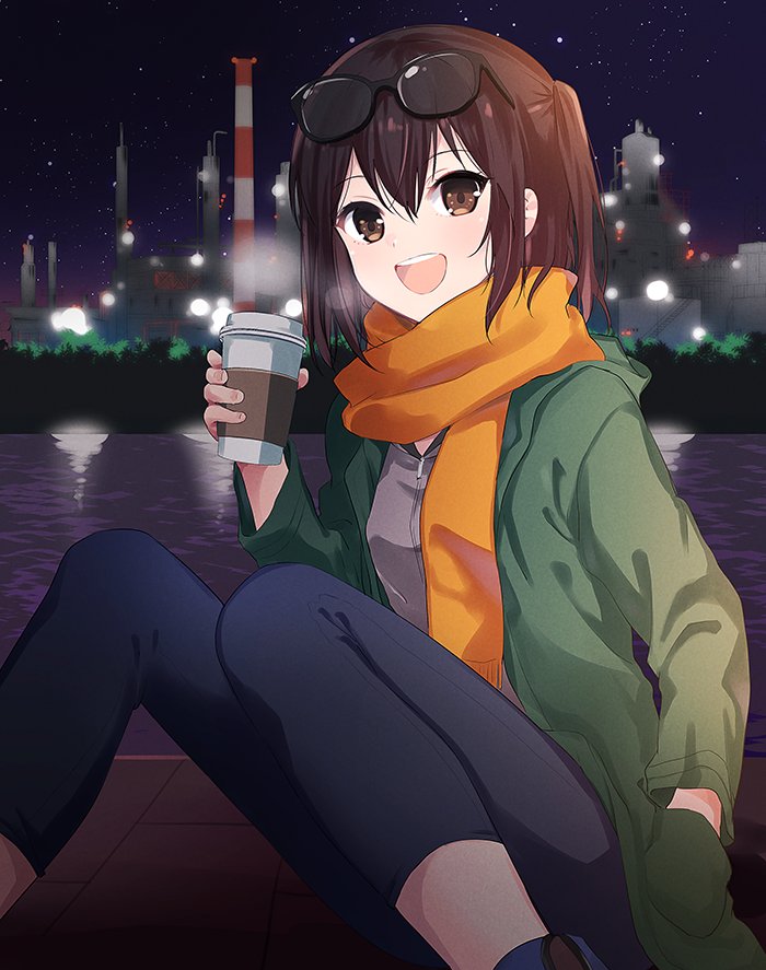 1girl :d bangs black-framed_eyewear black_pants blush breath brown_eyes brown_hair cityscape cup eyewear_on_head green_jacket hair_between_eyes hand_in_pocket holding holding_cup ica jacket kantai_collection knees_up long_sleeves looking_at_viewer night night_sky on_ground open_clothes open_jacket open_mouth orange_scarf outdoors pants river round_teeth scarf sendai_(kantai_collection) short_hair sidelocks sky smile solo star_(sky) starry_sky sunglasses tareme teeth water zipper