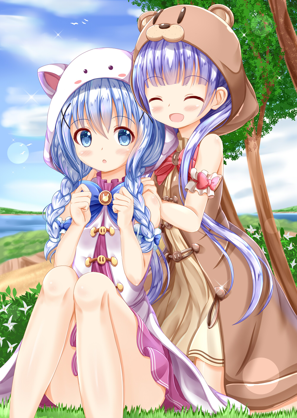 2girls :d :o ^_^ animal_hat animal_hood arm_garter bangs bare_shoulders bear_hood bird blue_bow blue_eyes blue_hair blunt_bangs blush blush_stickers bow braid bunny_hood clenched_hands closed_eyes clouds convenient_leg crossover day dress eyebrows_visible_through_hair gochuumon_wa_usagi_desu_ka? hair_ornament hands_on_another's_shoulders hat highres hood kafuu_chino kirara_fantasia kneeling knees_together_feet_apart lens_flare long_hair looking_at_viewer low_twintails multiple_girls new_game! on_ground open_mouth outdoors path plant purple_hair red_bow road sitting sky smile sparkle suzukaze_aoba tree twin_braids twintails very_long_hair water x_hair_ornament zenon_(for_achieve)