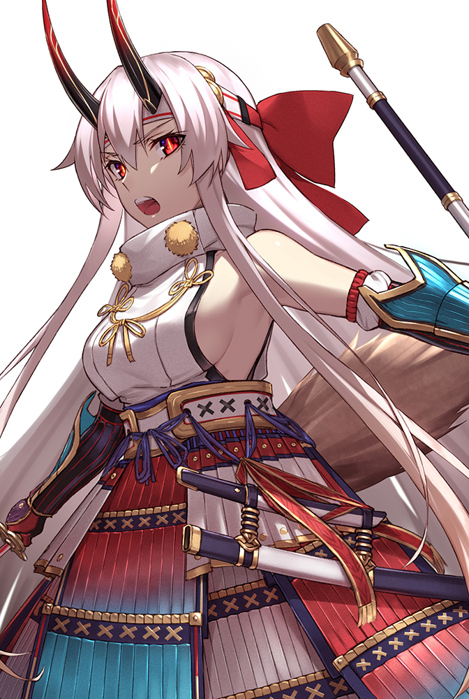 1girl arm_guards armor bangs breasts eyebrows_visible_through_hair famepeera fate/grand_order fate_(series) hachimaki hair_between_eyes headband japanese_armor japanese_clothes katana kusazuri long_hair looking_at_viewer medium_breasts oni_horns open_mouth red_eyes sideboob silver_hair simple_background solo sword teeth tomoe_gozen_(fate/grand_order) tsurime unsheathed wakizashi weapon white_background white_hair