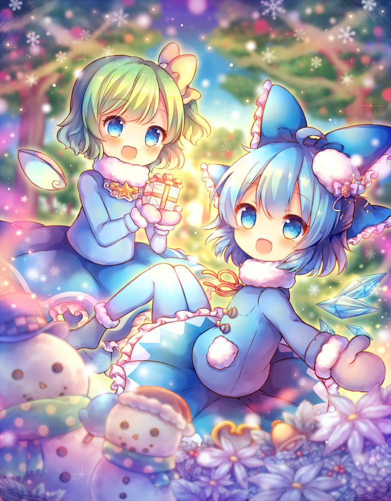 2girls :d bangs bell blue_bow blue_coat blue_eyes blue_hair blue_mittens blue_skirt blurry blurry_background blush bow box christmas_ornaments christmas_tree cirno coat commentary_request daiyousei depth_of_field detached_wings eyebrows_visible_through_hair fairy_wings flower frilled_bow frilled_skirt frills fur-trimmed_sleeves fur_collar fur_trim gift gift_box green_hair hair_between_eyes hair_bow holding holding_gift ice ice_wings long_sleeves mittens multiple_girls one_side_up open_mouth pjrmhm_coa short_hair skirt smile snowflakes snowman touhou white_flower wings yellow_bow