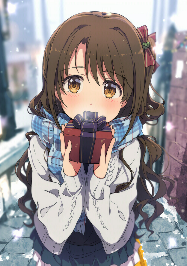 1girl blazer blurry blurry_background box brown_eyes brown_hair christmas commentary_request eyebrows_visible_through_hair gift gift_box hair_ornament holding holding_gift idolmaster idolmaster_cinderella_girls incoming_gift jacket long_hair looking_at_viewer ogipote one_side_up outdoors plaid plaid_scarf scarf shimamura_uzuki solo wavy_hair