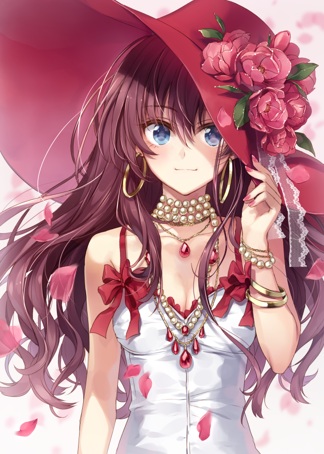 1girl adjusting_clothes adjusting_hat blue_eyes breasts brown_hair cleavage commentary_request dress earrings flower hagiwara_rin hat hat_flower hoop_earrings ichinose_shiki idolmaster idolmaster_cinderella_girls jewelry long_hair medium_breasts necktie petals rose_petals smile solo twitter_username wavy_hair white_dress