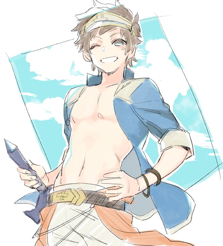 1boy ;d belt brown_hair clouds cowboy_shot gran_(granblue_fantasy) granblue_fantasy hand_on_hip kyata_(elnss) male_focus male_swimwear one_eye_closed open_mouth smile solo swim_trunks swimsuit swimwear visor_cap