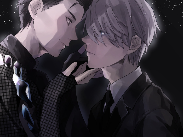 2boys anne_(annene) black_hair blue_eyes brown_eyes eye_contact formal hair_slicked_back hands_on_another's_face katsuki_yuuri looking_at_another male_focus multiple_boys necktie silver_hair smile suit upper_body viktor_nikiforov yaoi yuri!!!_on_ice