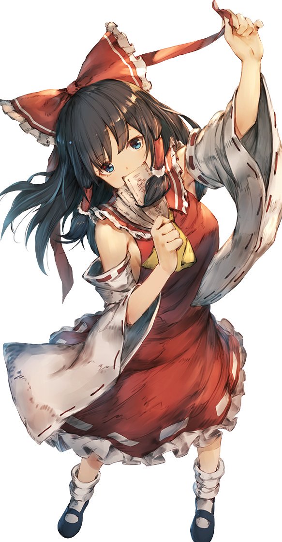 1girl arm_up ascot black_footwear black_hair blue_eyes bow breasts covering_mouth detached_sleeves dress full_body hair_bow hair_ribbon hair_tubes hakurei_reimu hand_up head_tilt holding kotoribako long_hair looking_at_viewer mary_janes medium_breasts ofuda red_bow red_dress red_ribbon ribbon ribbon-trimmed_dress ribbon-trimmed_sleeves ribbon_trim shoes short_dress simple_background socks solo standing touhou white_background white_legwear yellow_neckwear