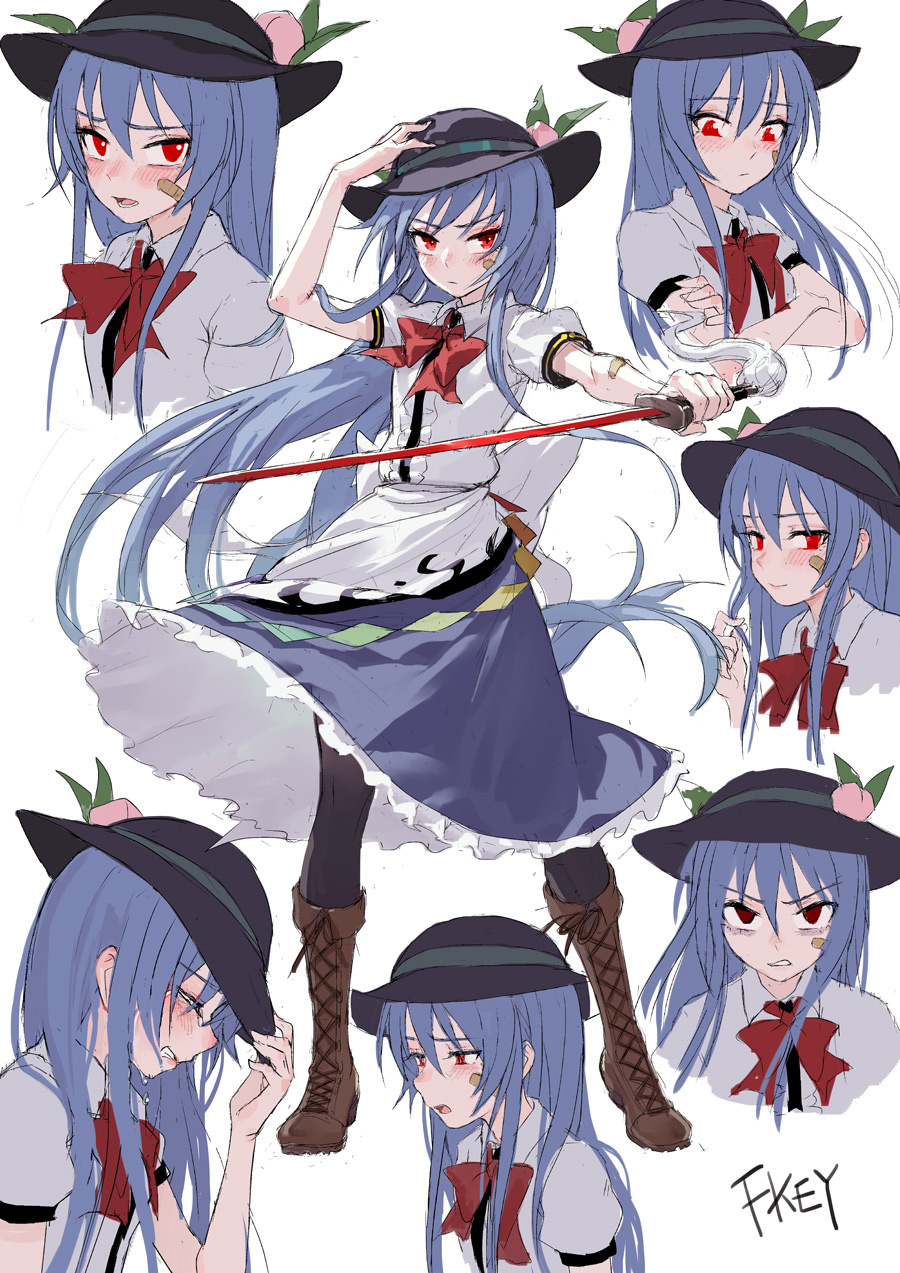 1girl artist_name bandaid bandaid_on_face black_legwear blue_hair blue_skirt blush boots brown_footwear clenched_teeth crying expressions fkey food fruit full_body hand_on_headwear hat highres hinanawi_tenshi holding holding_sword holding_weapon leaf long_hair looking_at_viewer neck_bow open_mouth pantyhose peach petticoat puffy_short_sleeves puffy_sleeves red_eyes red_neckwear shirt short_sleeves skirt smile sword sword_of_hisou tears teeth touhou very_long_hair weapon white_shirt