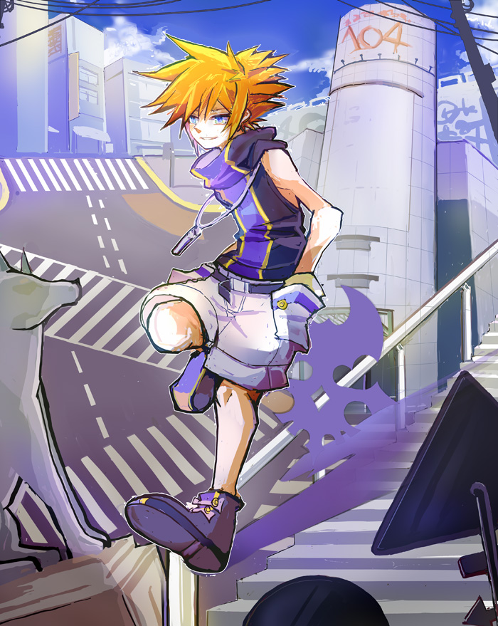 1boy banane belt blue_eyes blue_sky building city crosswalk day full_body hands_in_pockets male_focus orange_hair outdoors railing sakuraba_neku shoes shorts sky solo stairs standing standing_on_one_leg subarashiki_kono_sekai