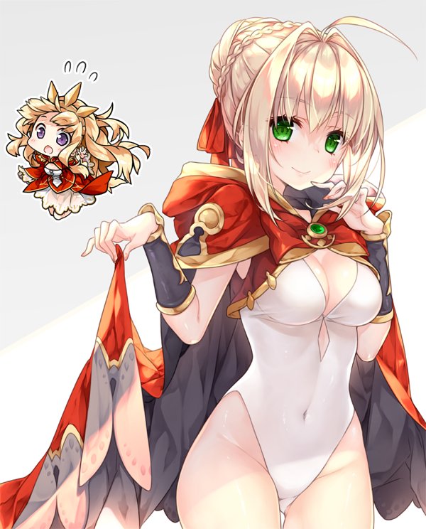 2girls :o ahoge bangs blonde_hair blush bow braid breasts cagliostro_(granblue_fantasy) cagliostro_(granblue_fantasy)_(cosplay) cape cape_hold chibi cleavage cleavage_cutout closed_mouth cosplay costume_switch covered_navel cowboy_shot crossover crown dress epaulettes fate/extra fate_(series) flying_sweatdrops gem gluteal_fold granblue_fantasy green_eyes groin hair_bun hair_ribbon kneeling leotard long_hair looking_at_viewer medium_breasts multiple_girls nero_claudius_(fate) nero_claudius_(fate)_(all) nero_claudius_(fate)_(cosplay) open_mouth outstretched_arms red_bow red_cape red_dress red_ribbon reina_(black_spider) ribbon see-through seiyuu_connection sidelocks skin_tight smile standing swimsuit tange_sakura tareme thigh_gap tiara very_long_hair violet_eyes white_swimsuit wrist_guards