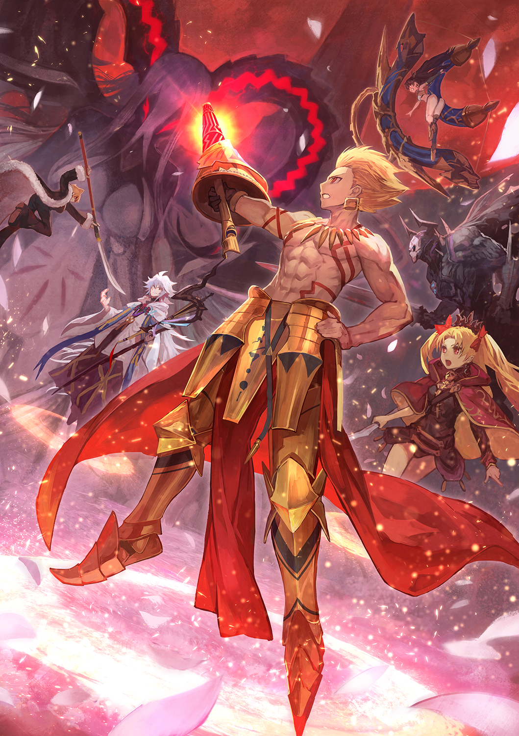 3boys 3girls abs blonde_hair boots bow cape character_request commentary_request ea_(fate/stay_night) earrings ereshkigal_(fate/grand_order) fate/grand_order fate_(series) faulds flying gilgamesh gloves greaves grin hair_bow hand_on_hip heavenly_boat_maanna highres holding holding_sword holding_weapon horns ishtar_(fate/grand_order) jewelry king_hassan_(fate/grand_order) lack long_hair merlin_(fate/stay_night) multiple_boys multiple_girls muscle necklace pelvic_curtain ponytail red_bow red_cape red_eyes shirtless silver_hair single_glove smile staff standing sword tiamat_(fate/grand_order) tohsaka_rin two_side_up weapon